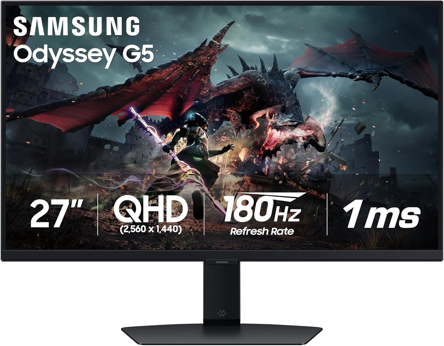 Samsung Odyssey G5 Gaming Monitor - 27" WQHD | 180 Hz Refresh Rate, 1 ms, G-Sync/FreeSync, VESA DisplayHDR 400