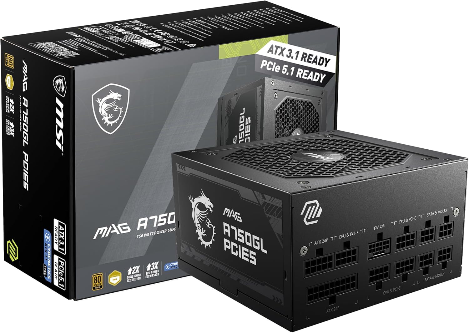 MSI MAG A750GL PCIE5 750W 80 PLUS Gold Fully Modular ATX 3.1 PCIe 5.1 Power Supply