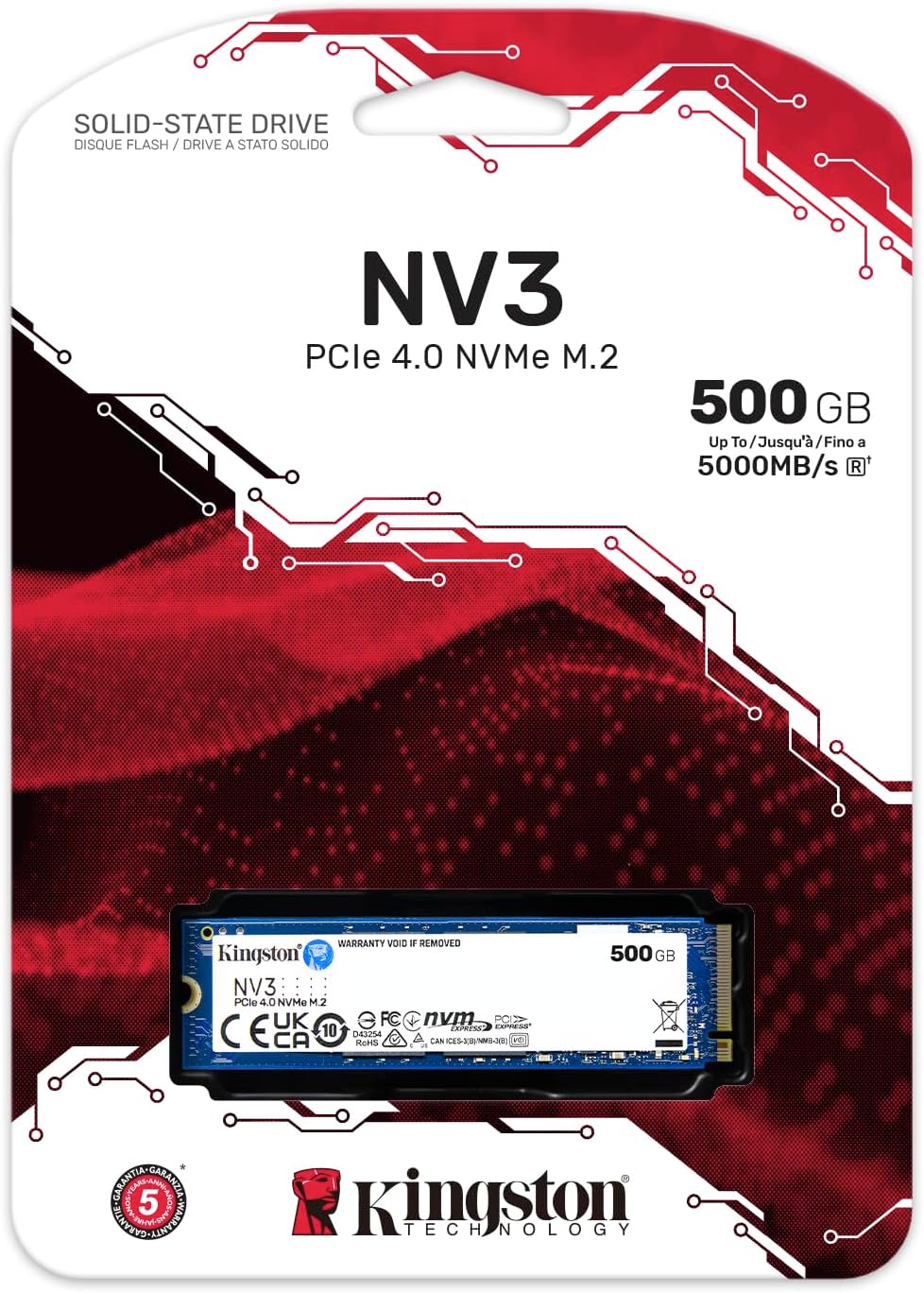 Kingston NV3 500GB PCIe 4.0 NVMe M.2 2280 SSD – Up to 5000 MB/s | SNV3S/500G