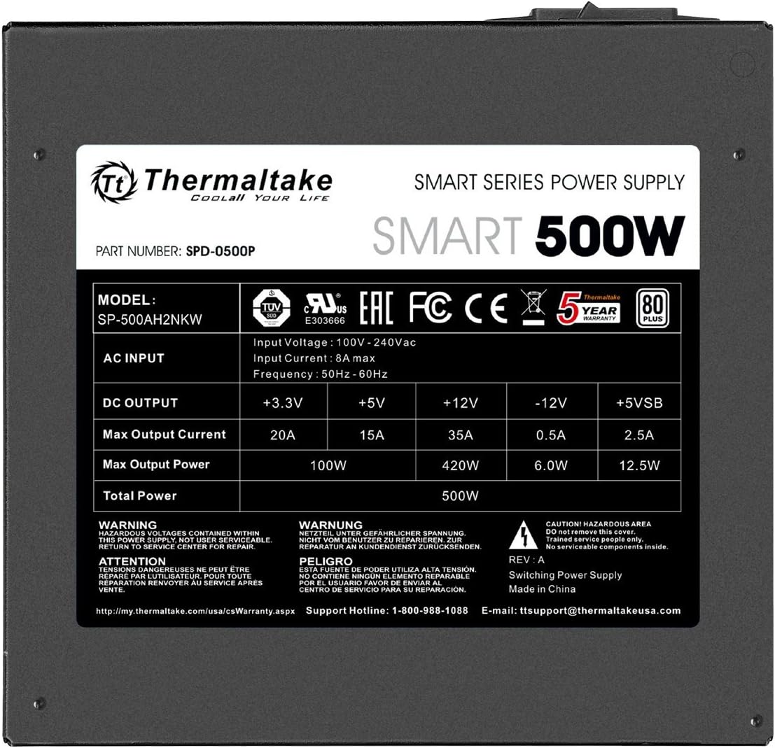 Thermaltake Smart 500W 80 PLUS White ATX Power Supply – Non-Modular | PS-SPD-0500NPCWUS-W