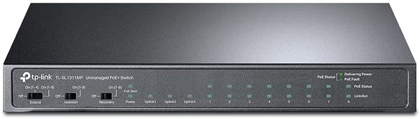 P-Link 8-Port 10/100Mbps + 3-Port Gigabit Desktop Unmanaged Switch with 8 PoE+ Ports (TL-SL1311MP) - Plug & Play, with PoE Transmission for Surveillance up to 250m