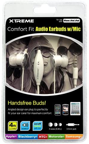 Xtreme Comfort Fit Audio Earbuds with Mic - Retail Packaging - White