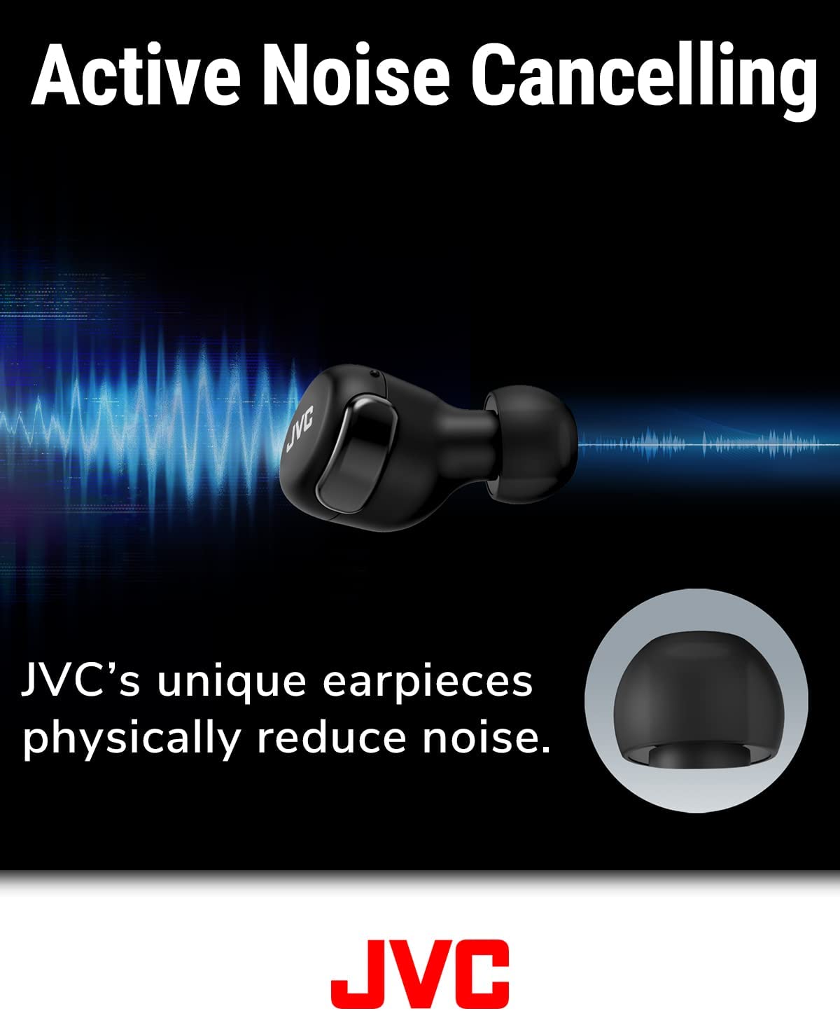 JVC Compact True Wireless Headphones with Active Noise Cancelling, Low-Latency Mode for Gaming and Movies, Bluetooth 5.2, Long Battery Life (up to 21 Hours) - HAA30TB (Black)