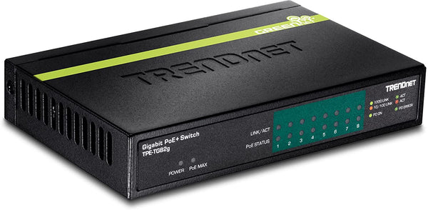 Commutateur TRENDnet GREENnet Gigabit PoE+ à 8 ports, TPE-TG82G, prend en charge les appareils PoE et PoE+, budget PoE 61 W, capacité de commutation 16 Gbit/s, données et alimentation via Ethernet vers les points d'accès PoE et les caméras IP