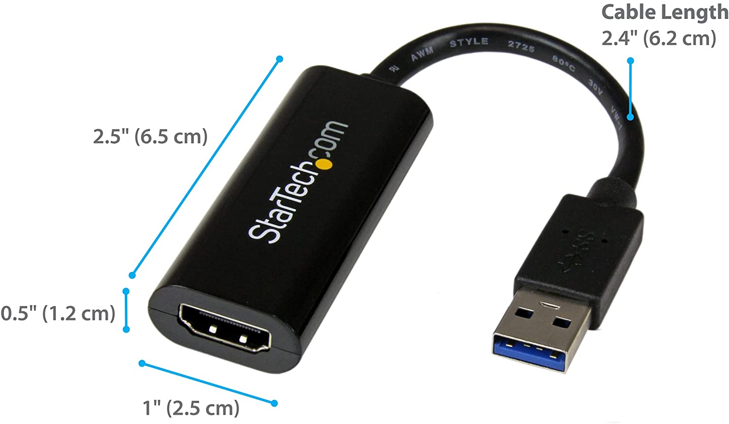 StarTech.com USB 3.0 to HDMI Display Adapter Converter 1080p (1900x1200) Dual / Multi-Monitor Video Cable with External Graphics Card - Supports Windows (USB32HDES), Black