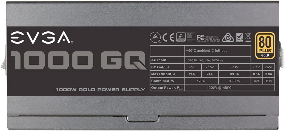 EVGA 1000 GQ, 80+ GOLD 1000W, Semi Modulaire, Mode EVGA ECO, Garantie 5 ans, Alimentation 210-GQ-1000-V1, Noir