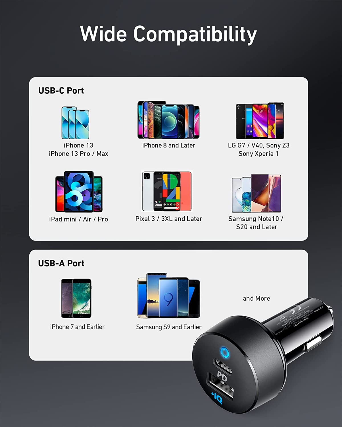 Anker Chargeur de voiture USB C, 32 W 2 ports compacts de type C avec alimentation 20 W et PowerIQ 12 W, PowerDrive PD 2 avec LED pour iPad Pro, iPhone XS/Max/XR/X/8/7, Pixel 3/2/ XL et Plus