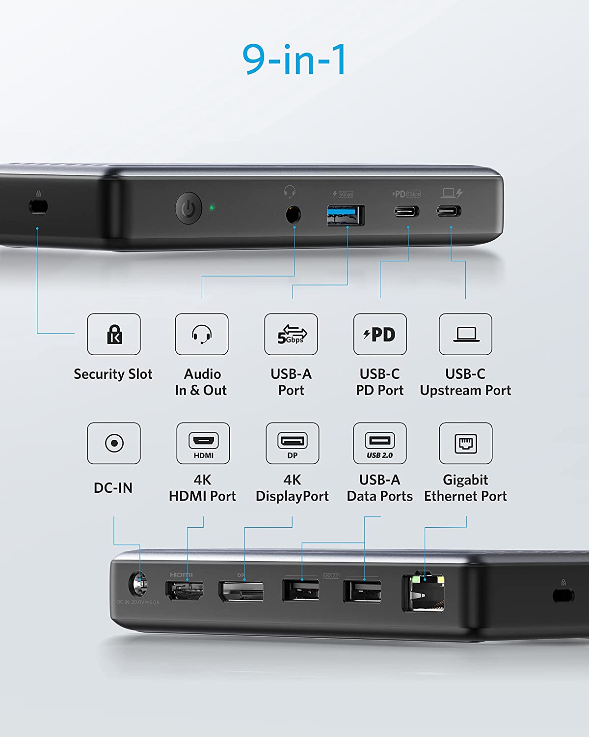 Station d'accueil Anker USB C, station d'accueil PD PowerExpand 9 en 1 USB-C, charge 60 W pour ordinateur portable, charge d'alimentation 20 W, HDMI 4K et DisplayPort, données USB 3.0 et USB 2.0, Gigabit Ethernet, audio 3,5 mm