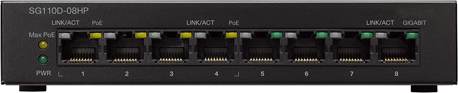CISCO DESIGNED SG110D-08HP Commutateur de bureau avec 8 ports Gigabit Ethernet (GbE) et PoE 32 W, protection à vie limitée (SG110D-08HP-NA), noir