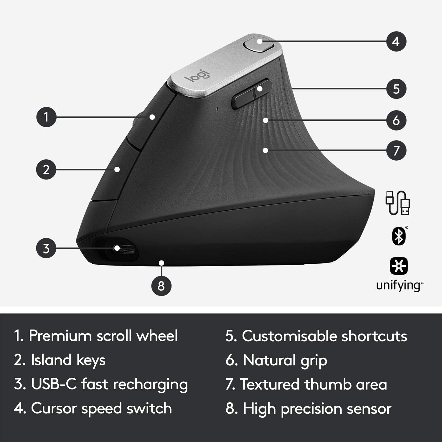 Souris verticale sans fil Logitech MX - Conception ergonomique avancée réduisant les tensions musculaires, contrôle et déplacement de contenu entre 3 ordinateurs Windows et Apple (Bluetooth ou USB), rechargeable, graphite