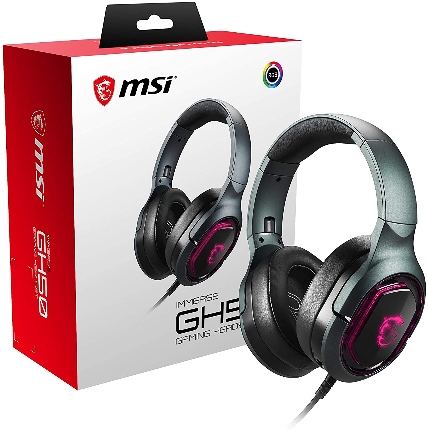 MSI Immerse GH50 7.1 Surround Sound RGB Mystic Light Metal Construction Foldable Headband Design Gaming Headset, Large, Black, M
