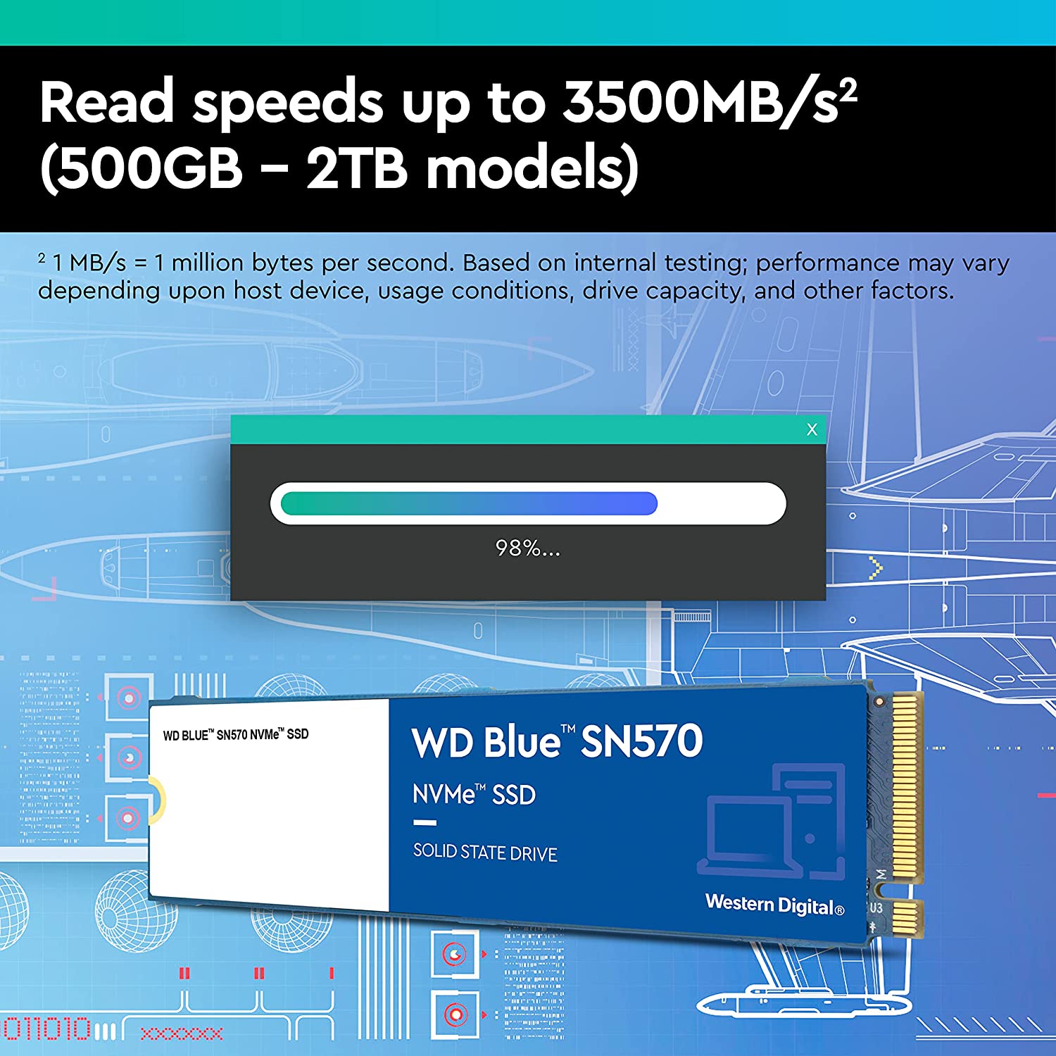Disque SSD interne Western Digital WD Blue SN570 NVMe - Gen3 x4 PCIe 8 Go/s, M.2 2280, jusqu'à 3 500 Mo/s - WDS100T3B0C