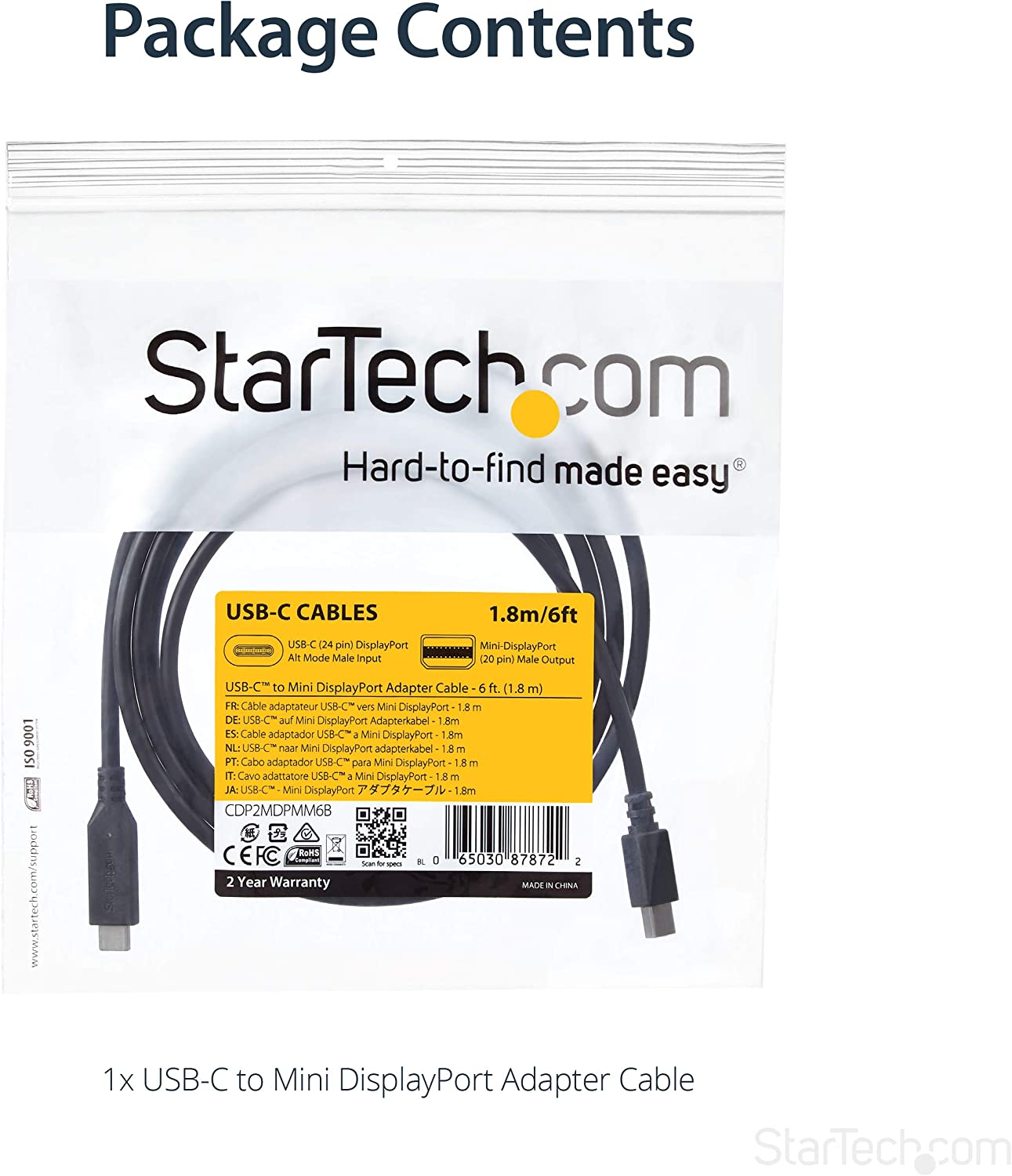 StarTech.com Câble USB-C vers Mini DisplayPort de 6 pieds/2 m - 4K 60 Hz - Noir - Adaptateur USB 3.1 Type C vers Mini DP