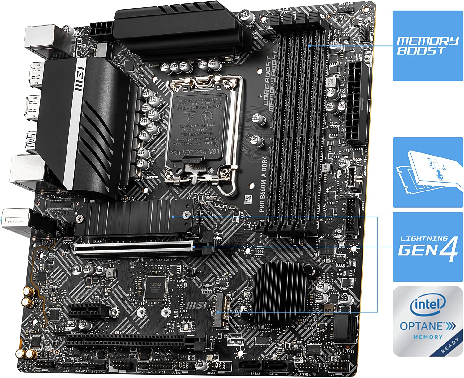 MSI PRO B660M-A DDR4 Motherboard (mATX, 12th Gen Intel Core, LGA 1700 Socket, DDR4, PCIe 4, 2.5G LAN, M.2 Slots, USB 3.2)