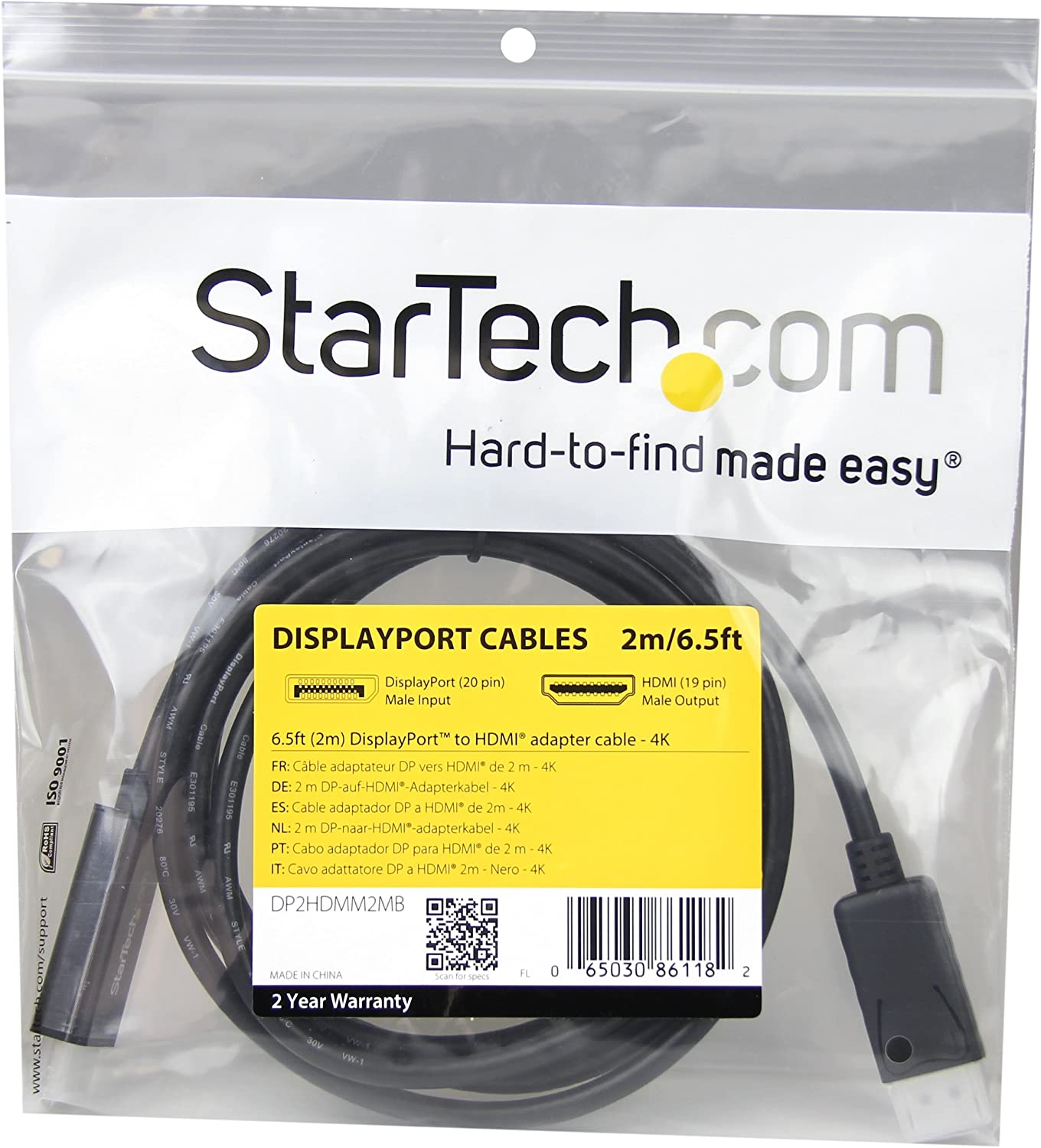 StarTech.com Câble DisplayPort vers HDMI de 6 pieds (2 m) - 4K 30 Hz - Câble adaptateur DisplayPort vers HDMI - Convertisseur de câble de moniteur DP 1.2 vers HDMI (DP2HDMM2MB)