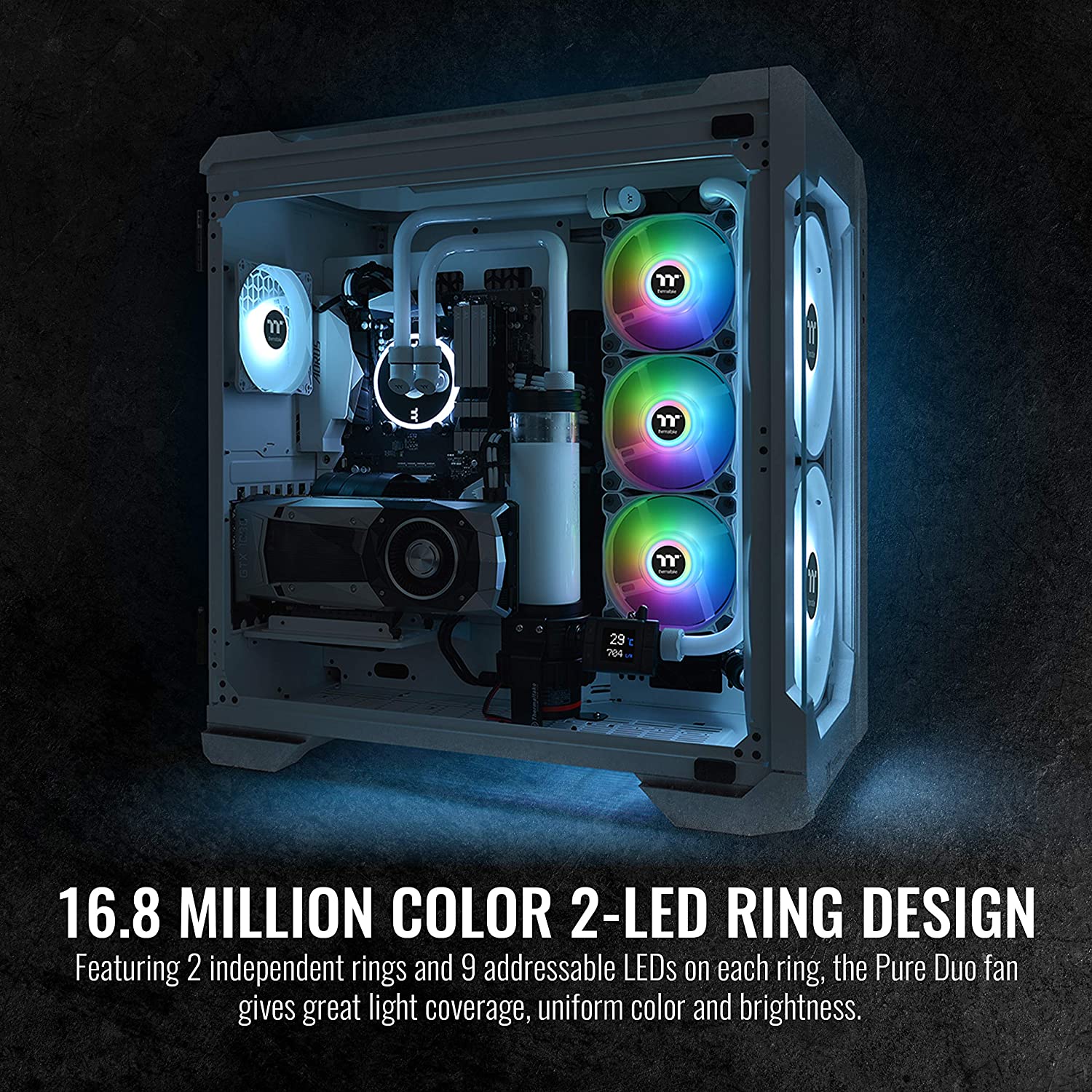 Thermaltake Pure Duo 140mm 16.8 Million RGB Color 5V ARGB Motherboard Sync 2 Light Rings 18 Addressable LED 9 Blades Hydraulic Bearing White Case/Radiator Fan CL-F098-PL14SW-B